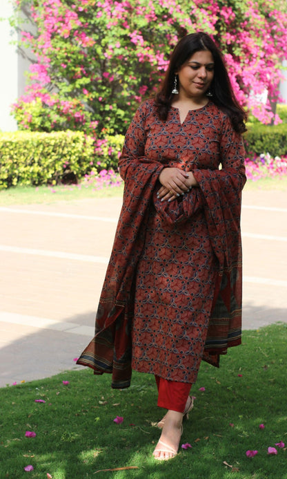 Cotton Block Print Red Suit Set with Cotton Printed Dupatta - Baareeki