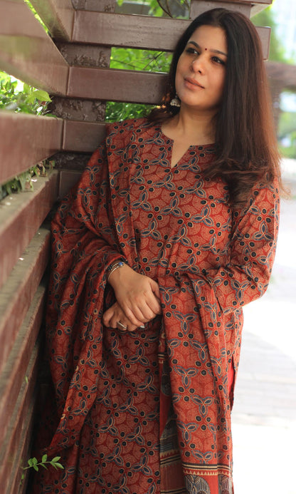 Cotton Block Print Red Suit Set with Cotton Printed Dupatta - Baareeki