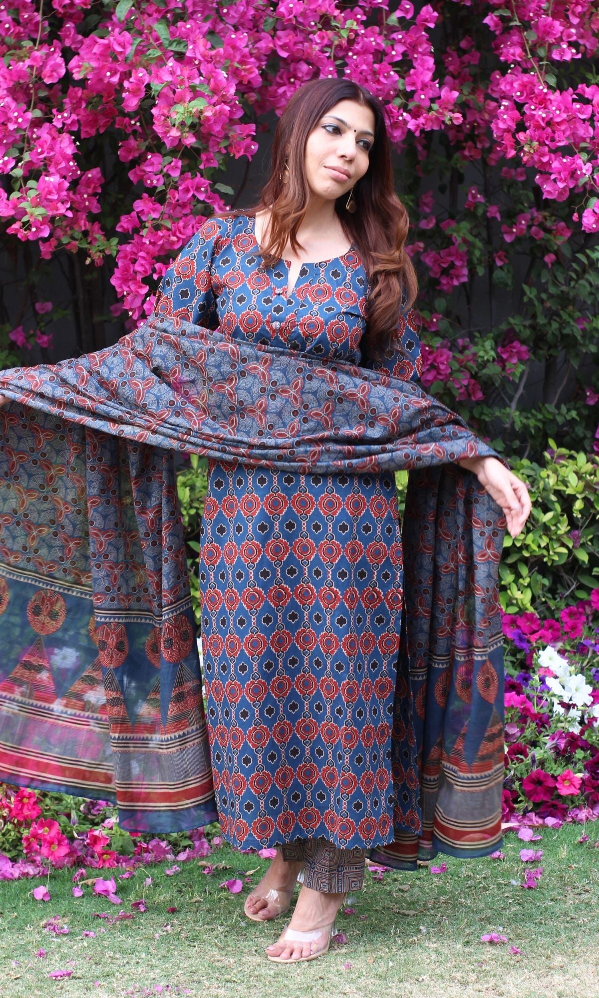 Cotton Block Print Royal Blue Suit Set with Cotton Printed Dupatta - Baareeki