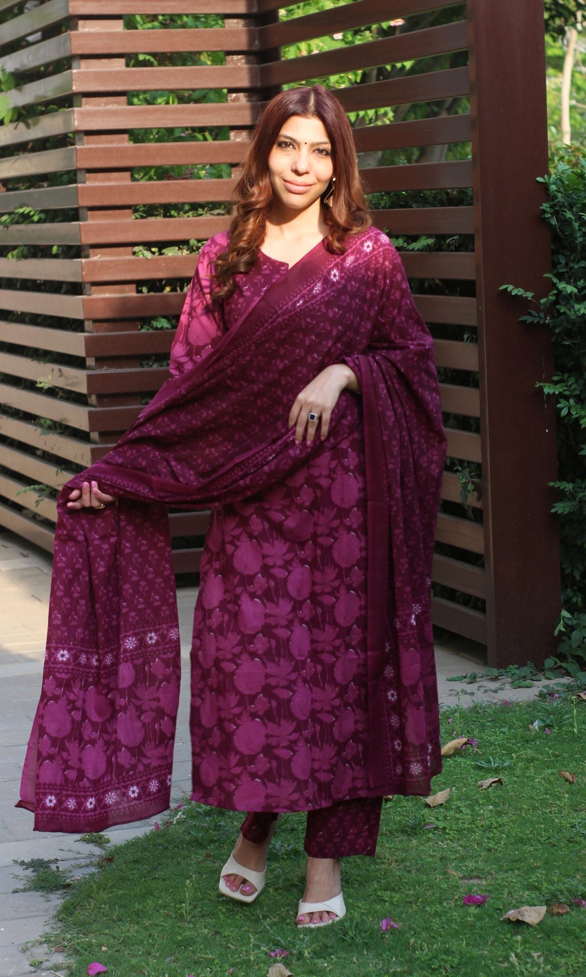 Cotton Block Print Wine Suit Set with Printed Cotton Dupatta - Baareeki