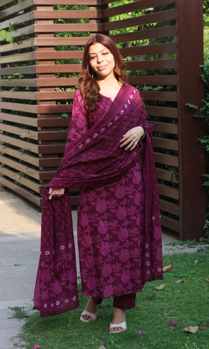 Cotton Block Print Wine Suit Set with Printed Cotton Dupatta - Baareeki