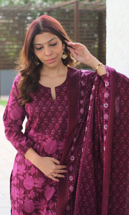 Cotton Block Print Wine Suit Set with Printed Cotton Dupatta - Baareeki