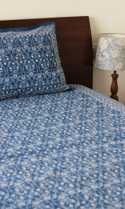 Cotton Block Printed Blue King Size Bedsheet with 2 Pillow Covers - Baareeki