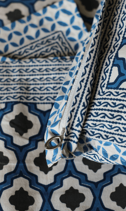 Cotton Block Printed Blue Mosaic King Size Bedsheet with 2 Pillow Covers - Baareeki