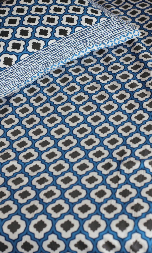 Cotton Block Printed Blue Mosaic King Size Bedsheet with 2 Pillow Covers - Baareeki