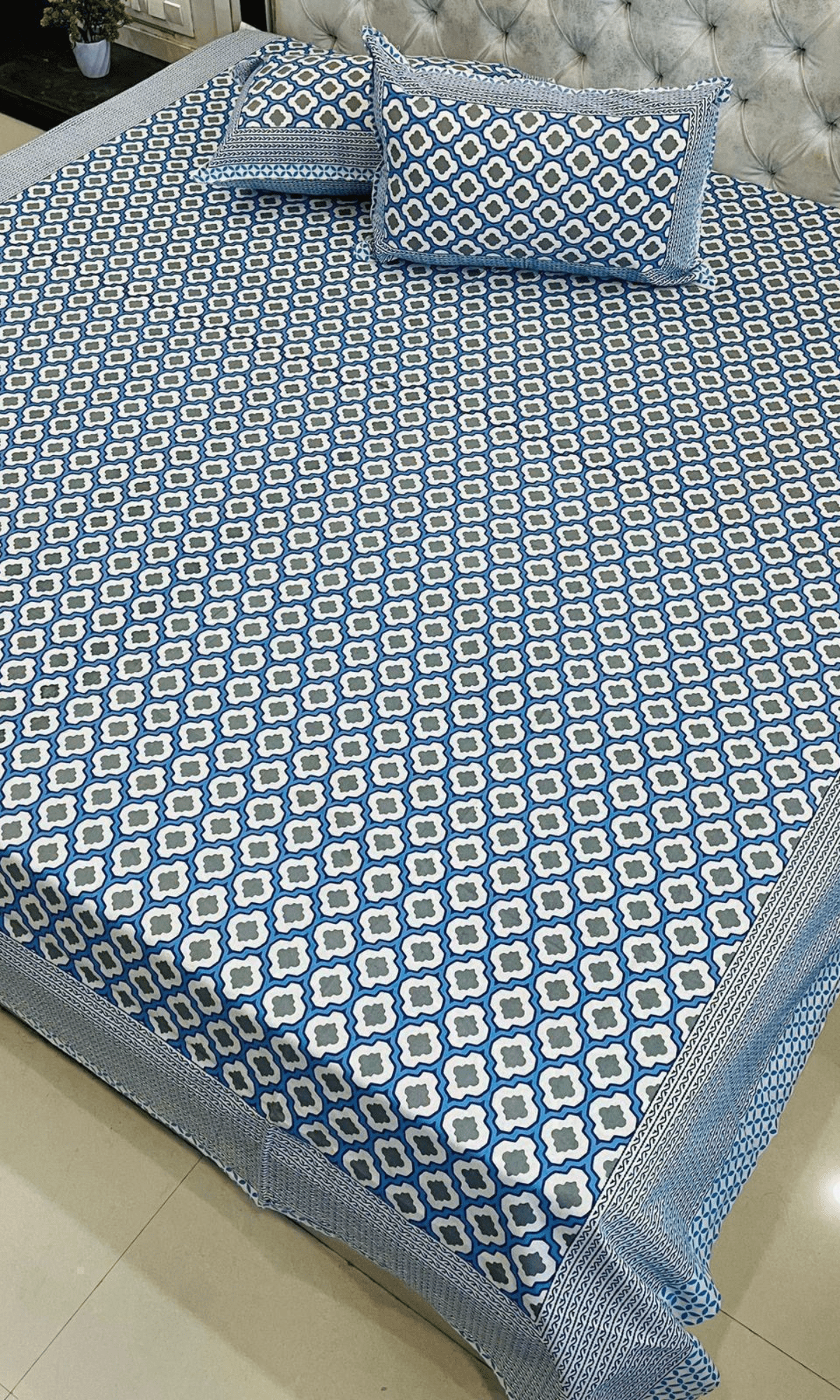 Cotton Block Printed Blue Mosaic King Size Bedsheet with 2 Pillow Covers - Baareeki