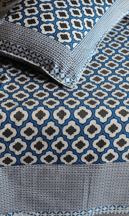 Cotton Block Printed Blue Mosaic King Size Bedsheet with 2 Pillow Covers - Baareeki