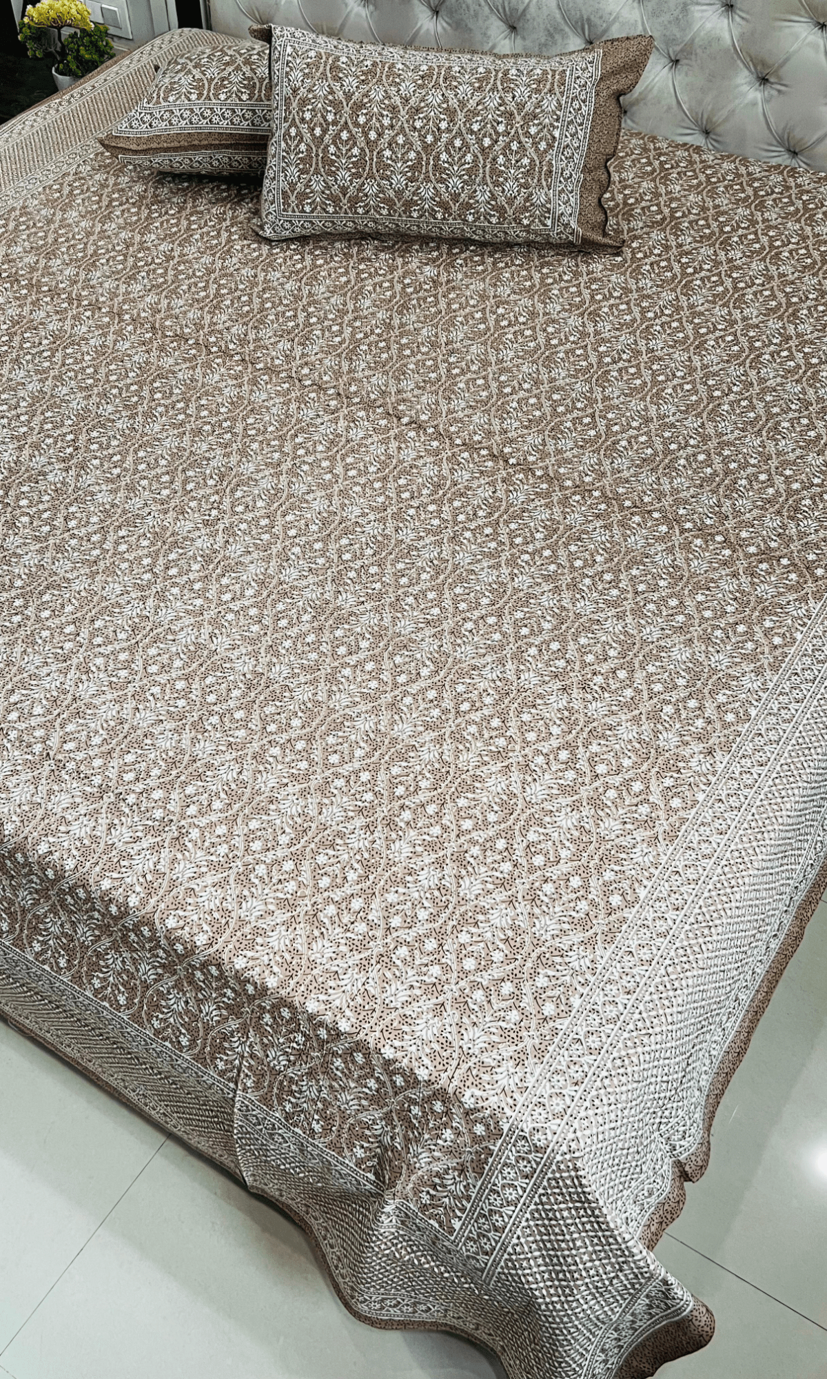 Cotton Block Printed Brown King Size Bedsheet with 2 Pillow Covers - Baareeki
