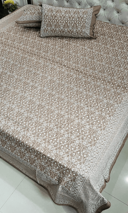 Cotton Block Printed Brown King Size Bedsheet with 2 Pillow Covers - Baareeki