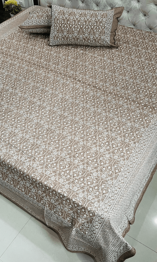 Cotton Block Printed Brown King Size Bedsheet with 2 Pillow Covers - Baareeki