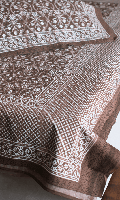 Cotton Block Printed Brown King Size Bedsheet with 2 Pillow Covers - Baareeki