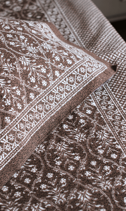 Cotton Block Printed Brown King Size Bedsheet with 2 Pillow Covers - Baareeki