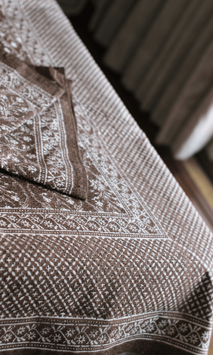 Cotton Block Printed Brown King Size Bedsheet with 2 Pillow Covers - Baareeki