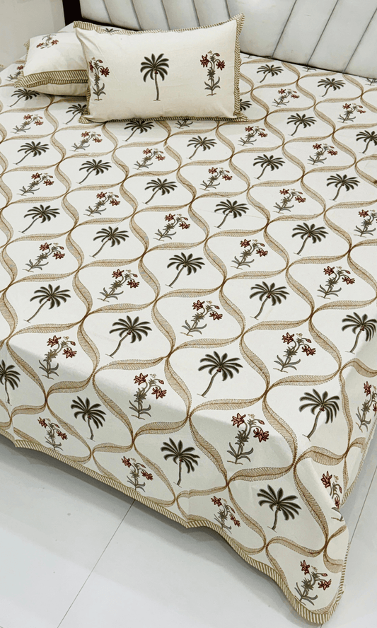 Cotton Block Printed Coastal Brown King Size Bedsheet with 2 Pillow Covers - Baareeki