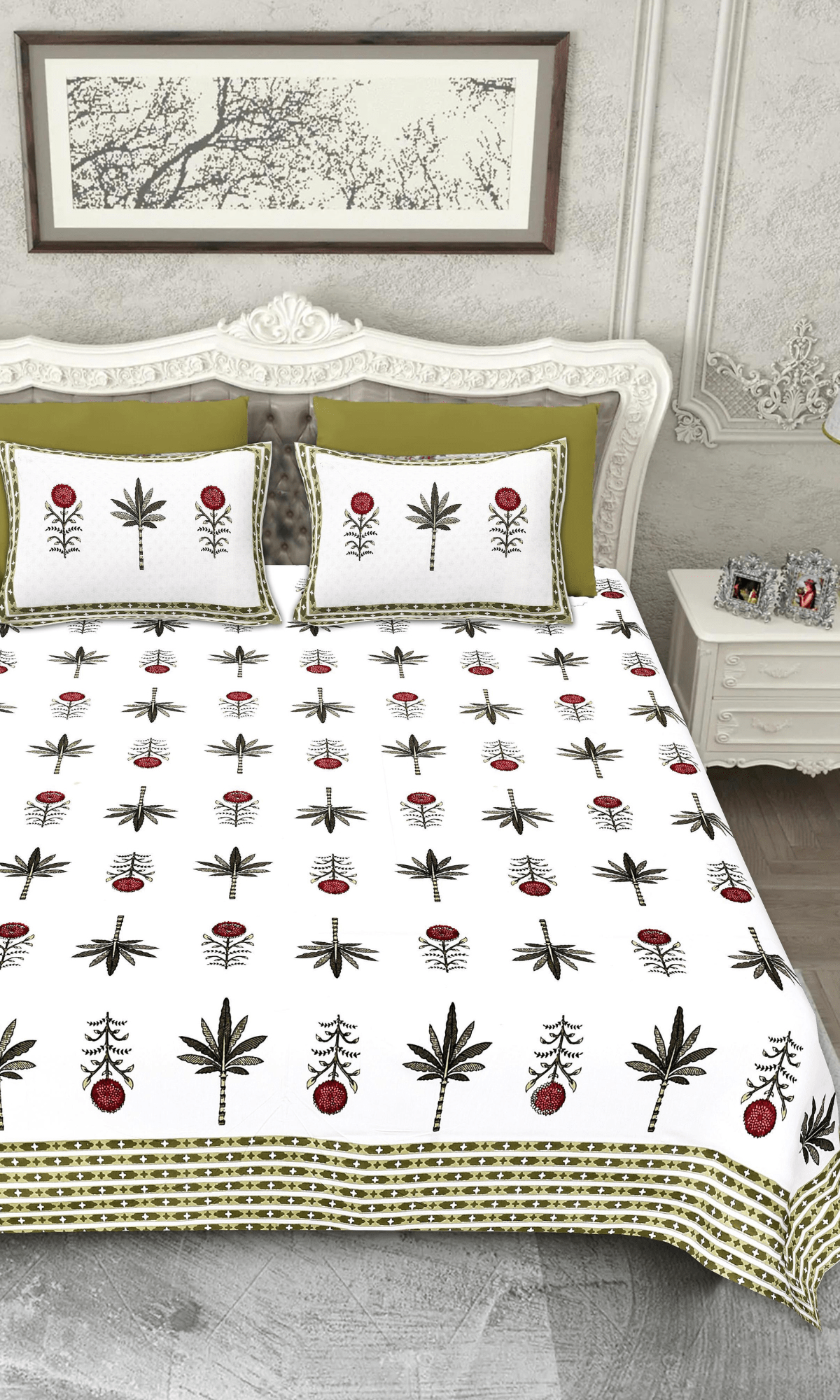 Cotton Block Printed Gulbahar King Size Bedsheet with 2 Pillow Covers - Baareeki