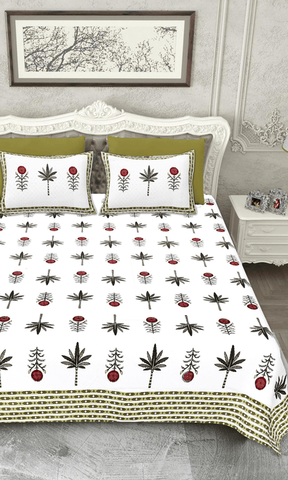Cotton Block Printed Gulbahar King Size Bedsheet with 2 Pillow Covers - Baareeki