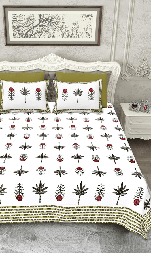 Cotton Block Printed Gulbahar King Size Bedsheet with 2 Pillow Covers - Baareeki
