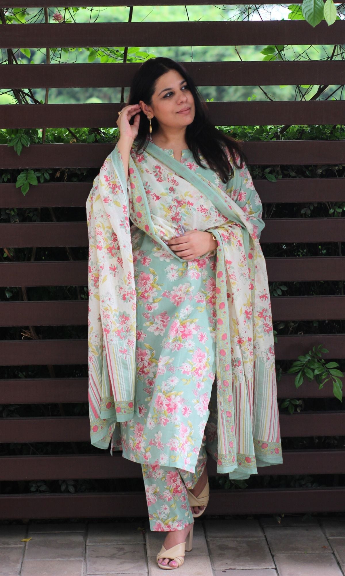 Cotton Bloom Story Basil Green Suit Set with Printed Dupatta - Baareeki