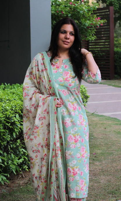 Cotton Bloom Story Basil Green Suit Set with Printed Dupatta - Baareeki