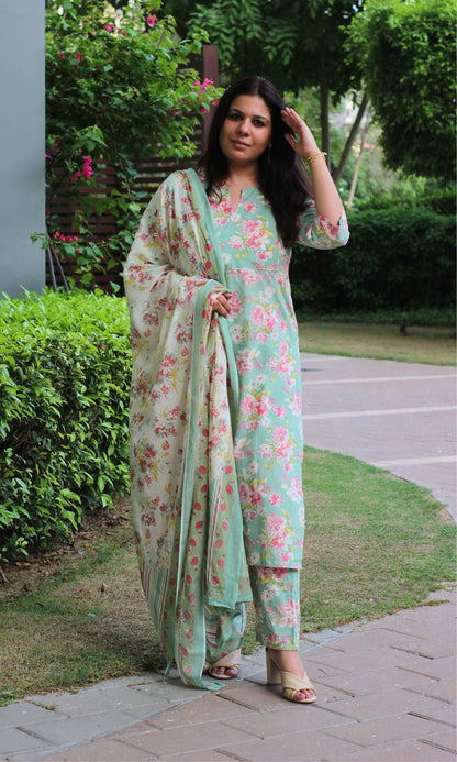 Cotton Bloom Story Basil Green Suit Set with Printed Dupatta - Baareeki