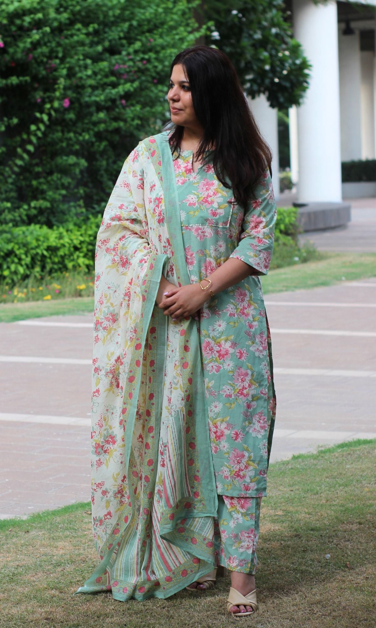 Cotton Bloom Story Basil Green Suit Set with Printed Dupatta - Baareeki