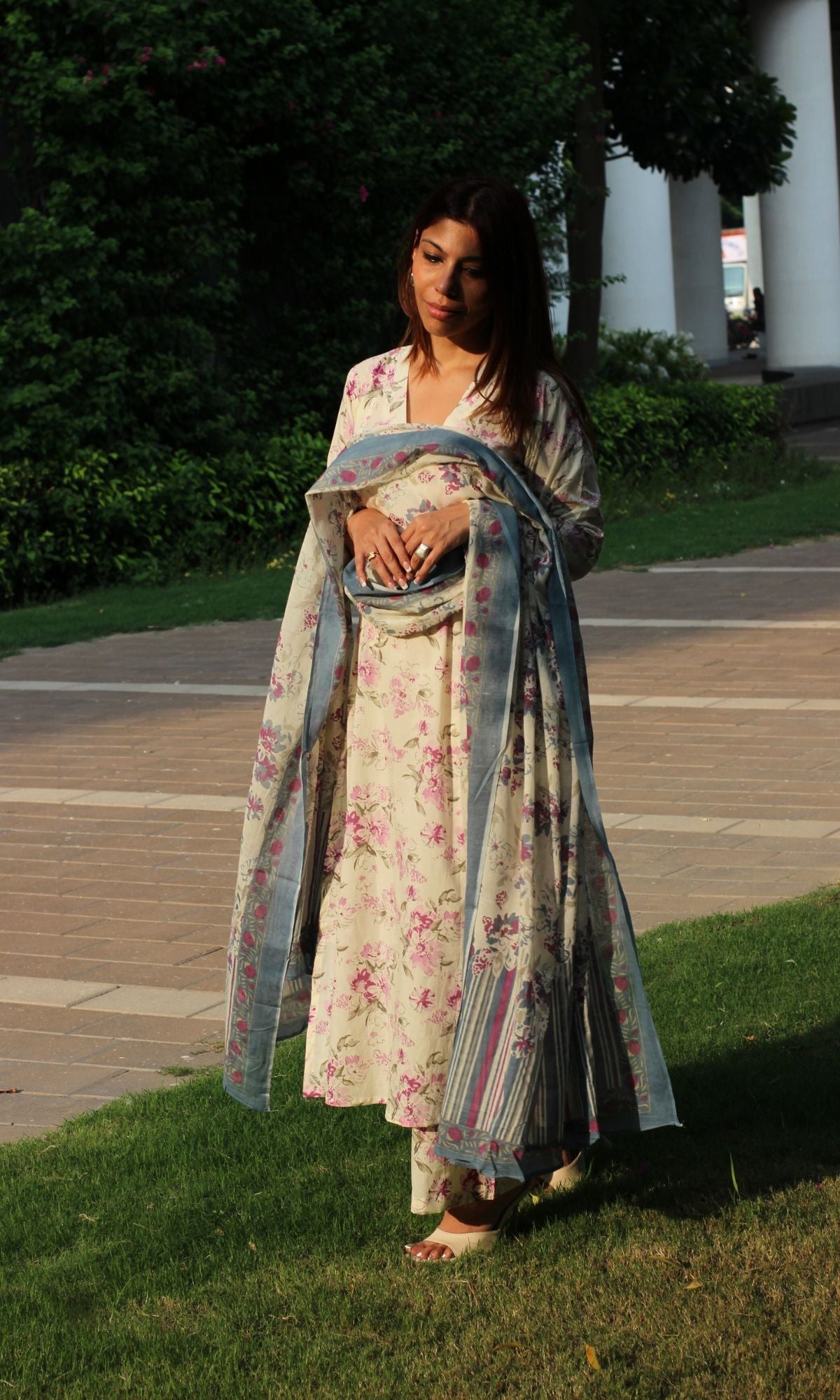 Cotton Bloom Story V Neck A - line Kurta and Palazzo with Printed Dupatta - Baareeki