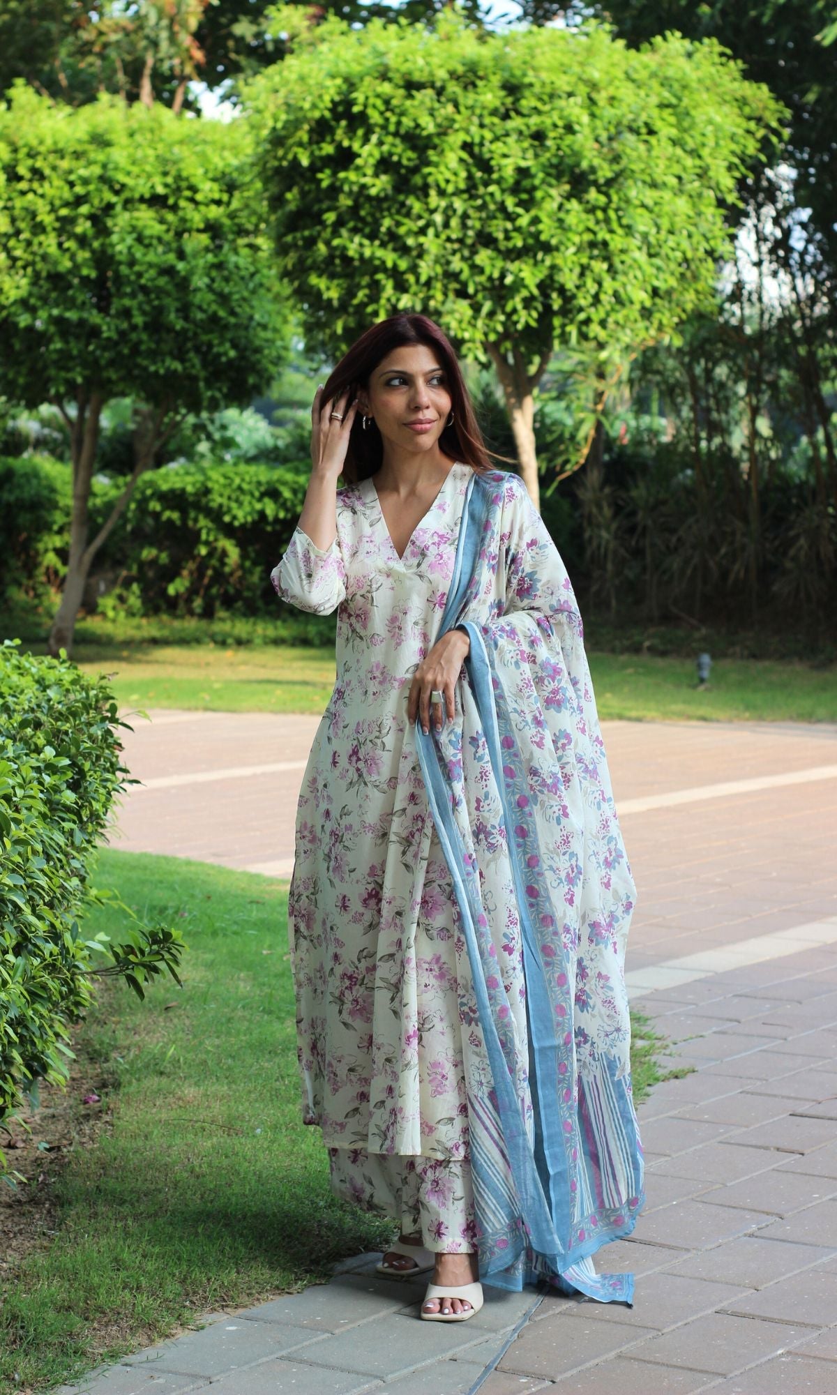 Cotton Bloom Story V Neck A - line Kurta and Palazzo with Printed Dupatta - Baareeki