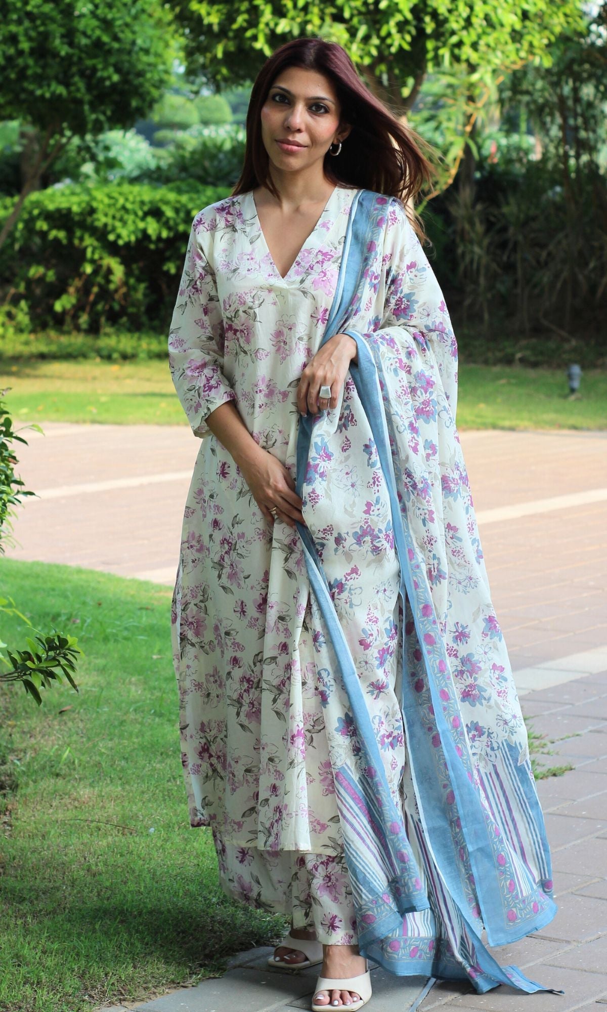 Cotton Bloom Story V Neck A - line Kurta and Palazzo with Printed Dupatta - Baareeki