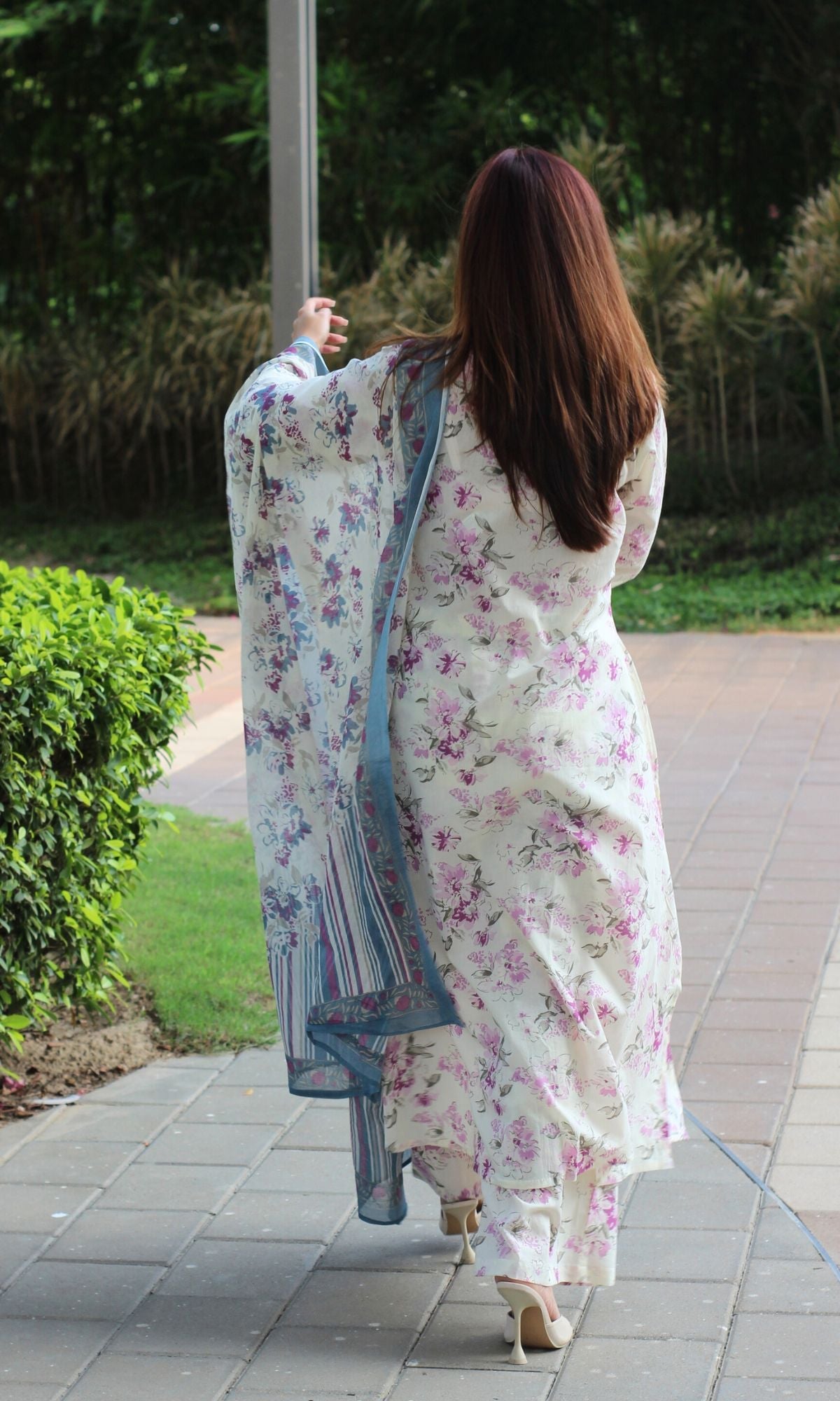 Cotton Bloom Story V Neck A - line Kurta and Palazzo with Printed Dupatta - Baareeki