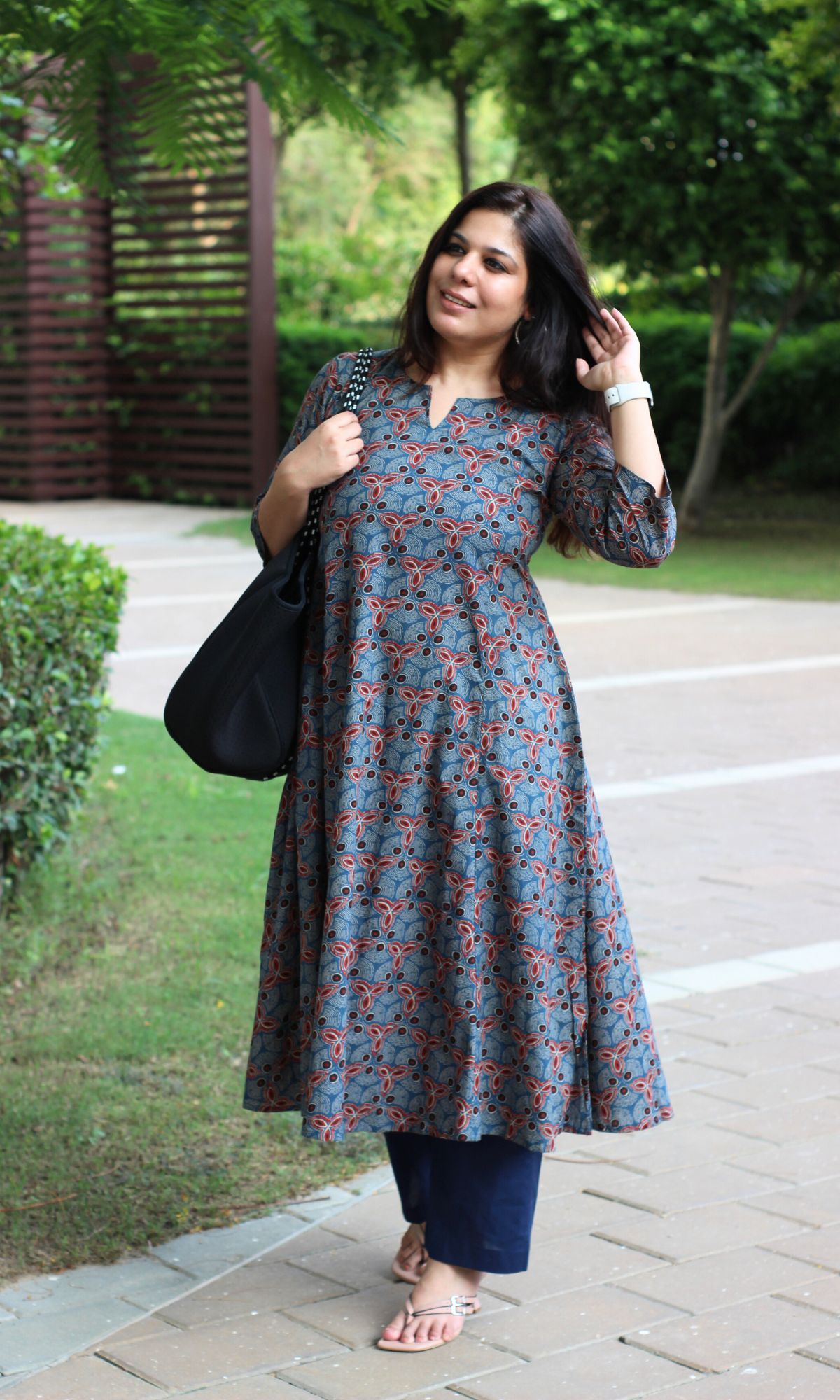 Cotton Blue Ajrakh Print Kali Kurta - Baareeki