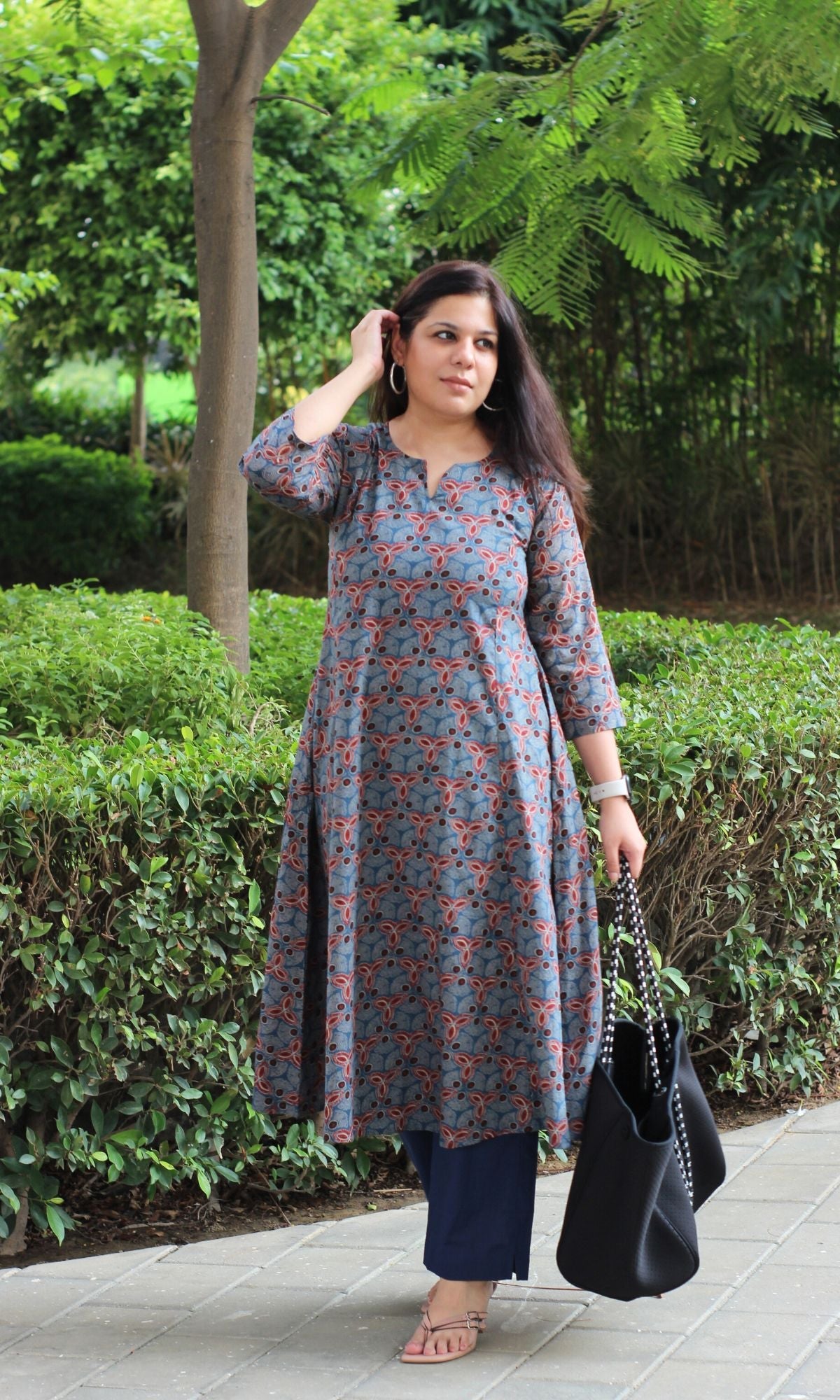 Cotton Blue Ajrakh Print Kali Kurta - Baareeki