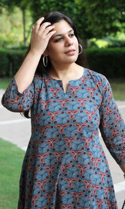 Cotton Blue Ajrakh Print Kali Kurta - Baareeki