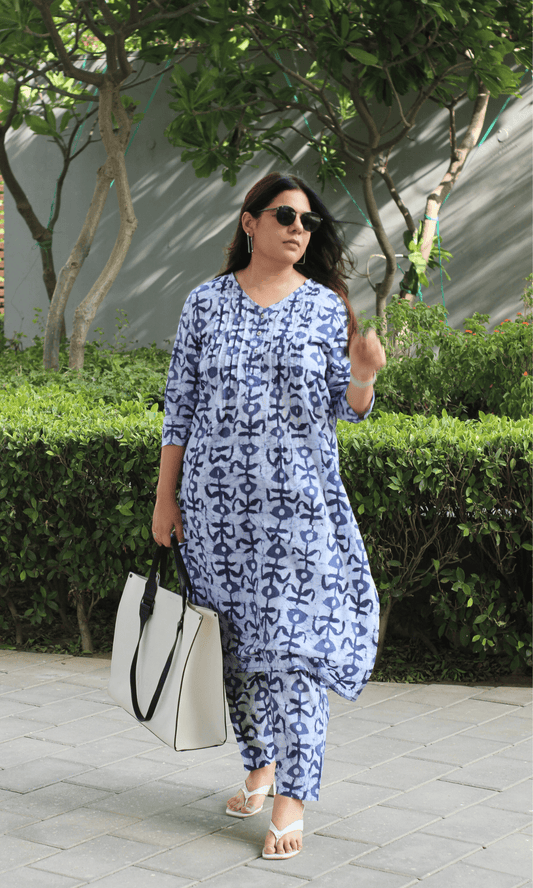 Cotton Blue Earthy Handblock Printed Pleated Kurta & Pant Co - ord - Baareeki