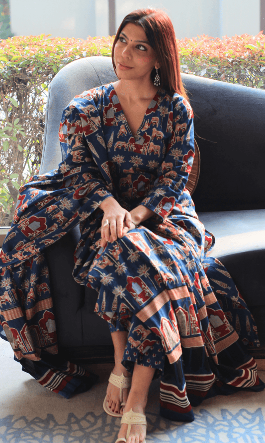 Cotton Blue Fort Print Suit with Cotton Dupatta - Baareeki