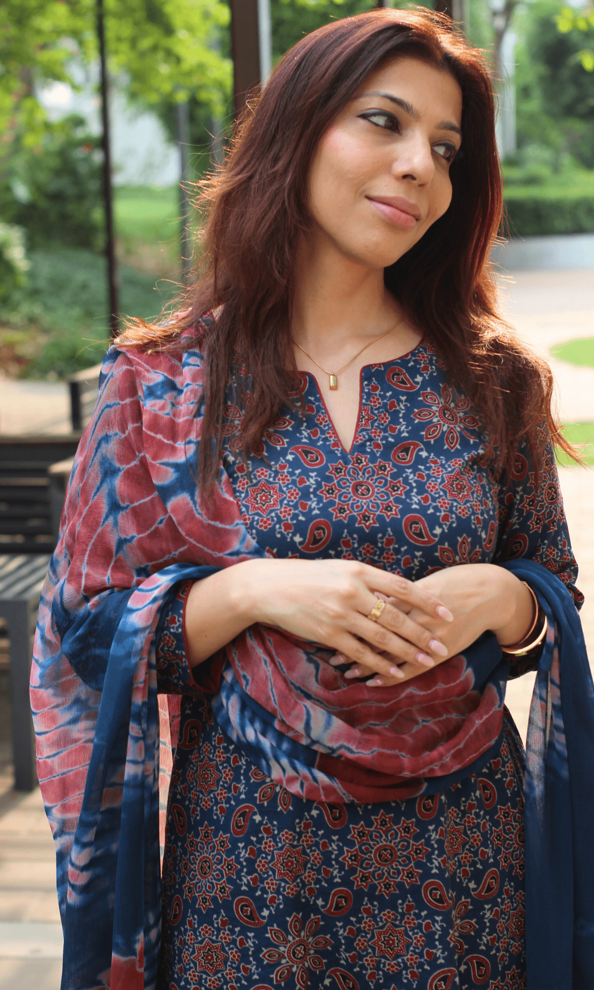 Cotton Blue & Red Ajrakh Print Kurta, Solid Pants & Shibori Chiffon Dupatta - Baareeki