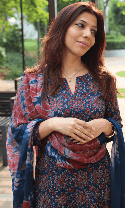 Cotton Blue & Red Ajrakh Print Kurta, Solid Pants & Shibori Chiffon Dupatta - Baareeki