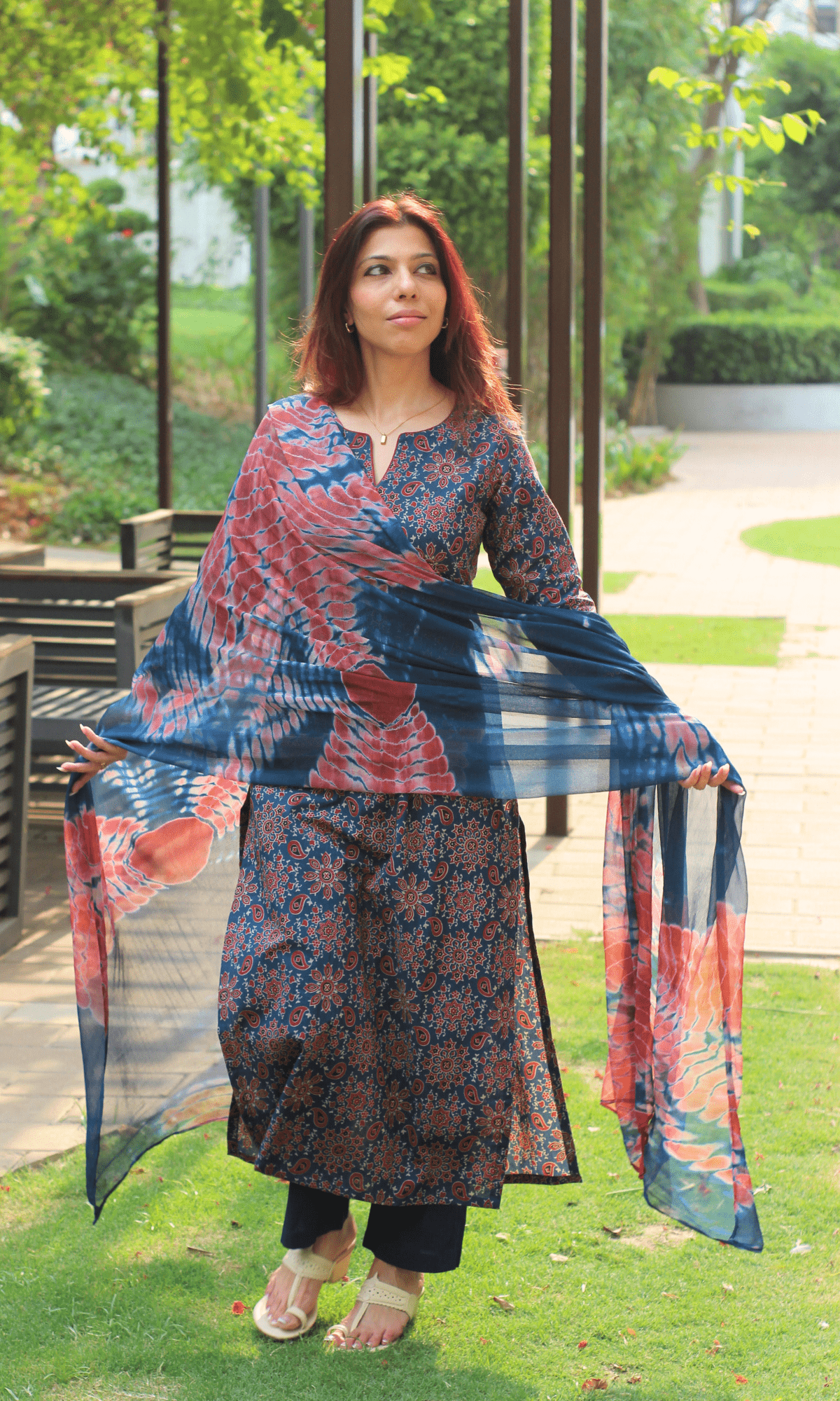 Cotton Blue & Red Ajrakh Print Kurta, Solid Pants & Shibori Chiffon Dupatta - Baareeki