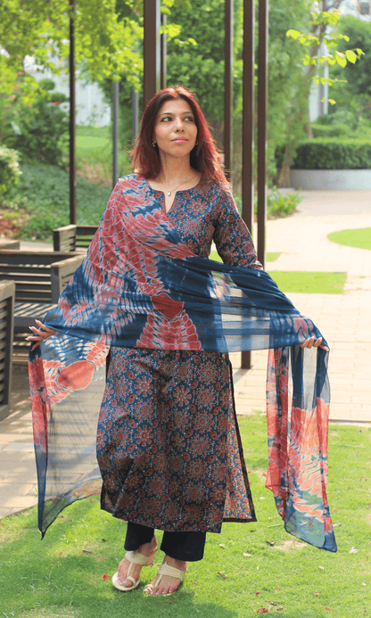 Cotton Blue & Red Ajrakh Print Kurta, Solid Pants & Shibori Chiffon Dupatta - Baareeki