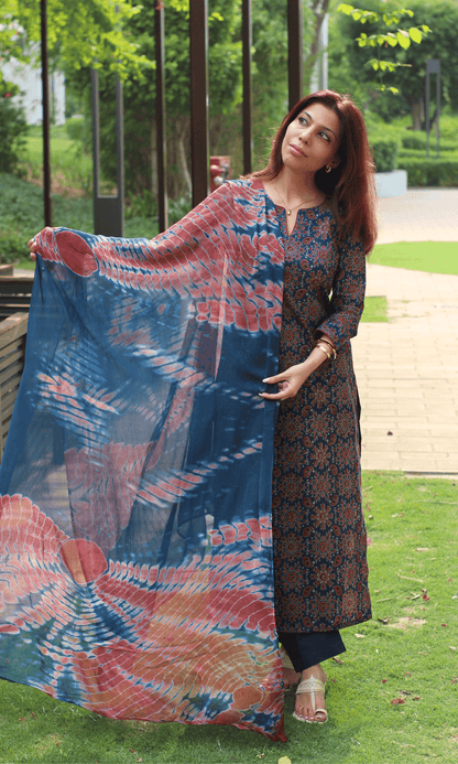 Cotton Blue & Red Ajrakh Print Kurta, Solid Pants & Shibori Chiffon Dupatta - Baareeki
