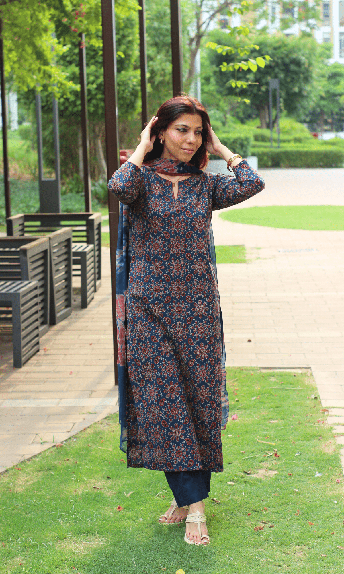 Cotton Blue & Red Ajrakh Print Kurta, Solid Pants & Shibori Chiffon Dupatta - Baareeki