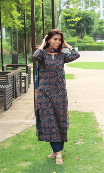 Cotton Blue & Red Ajrakh Print Kurta, Solid Pants & Shibori Chiffon Dupatta - Baareeki