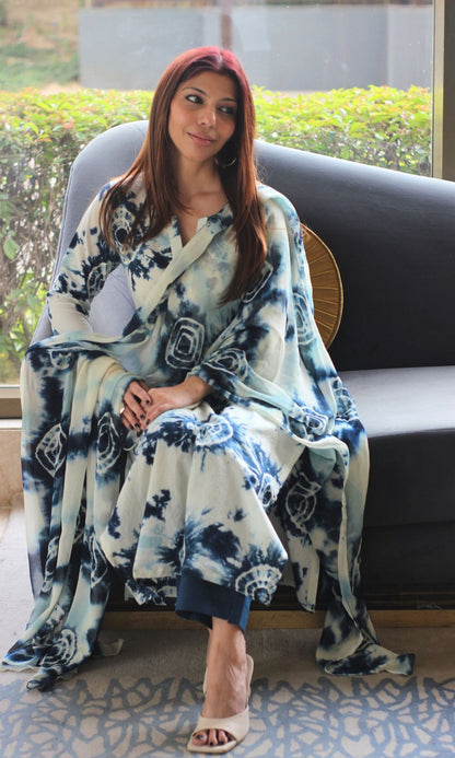 Cotton Blue Shibori Print Suit Set with Chiffon Dupatta - Baareeki