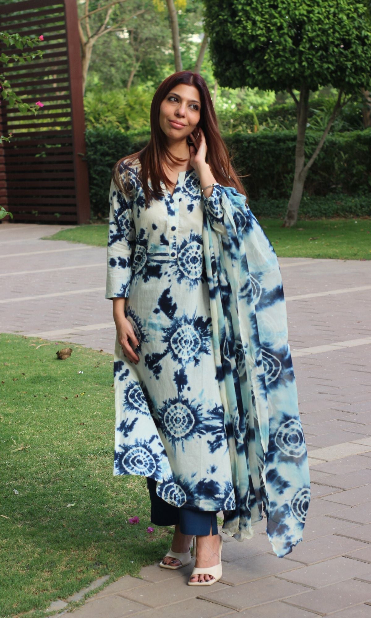 Cotton Blue Shibori Print Suit Set with Chiffon Dupatta - Baareeki