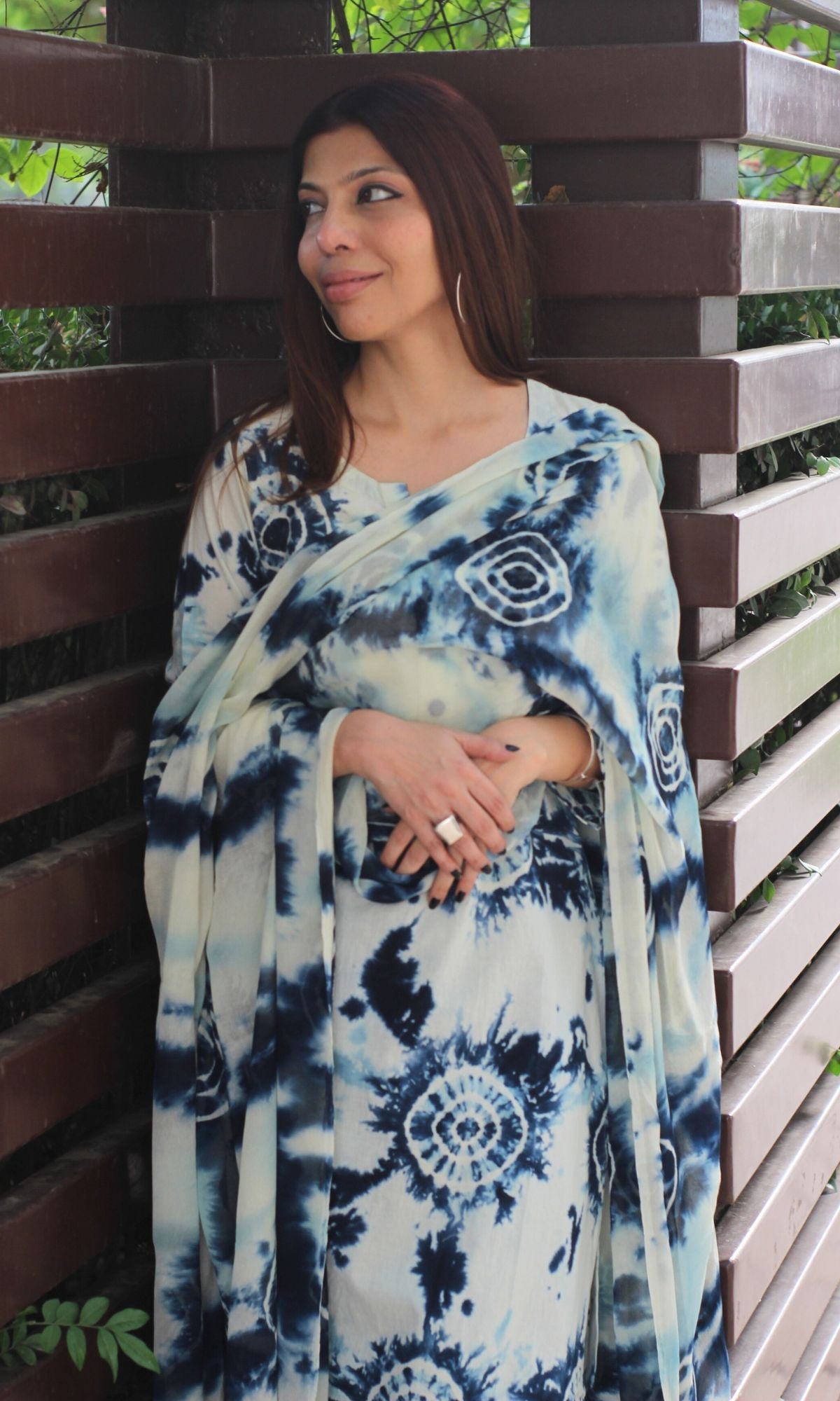 Cotton Blue Shibori Print Suit Set with Chiffon Dupatta - Baareeki