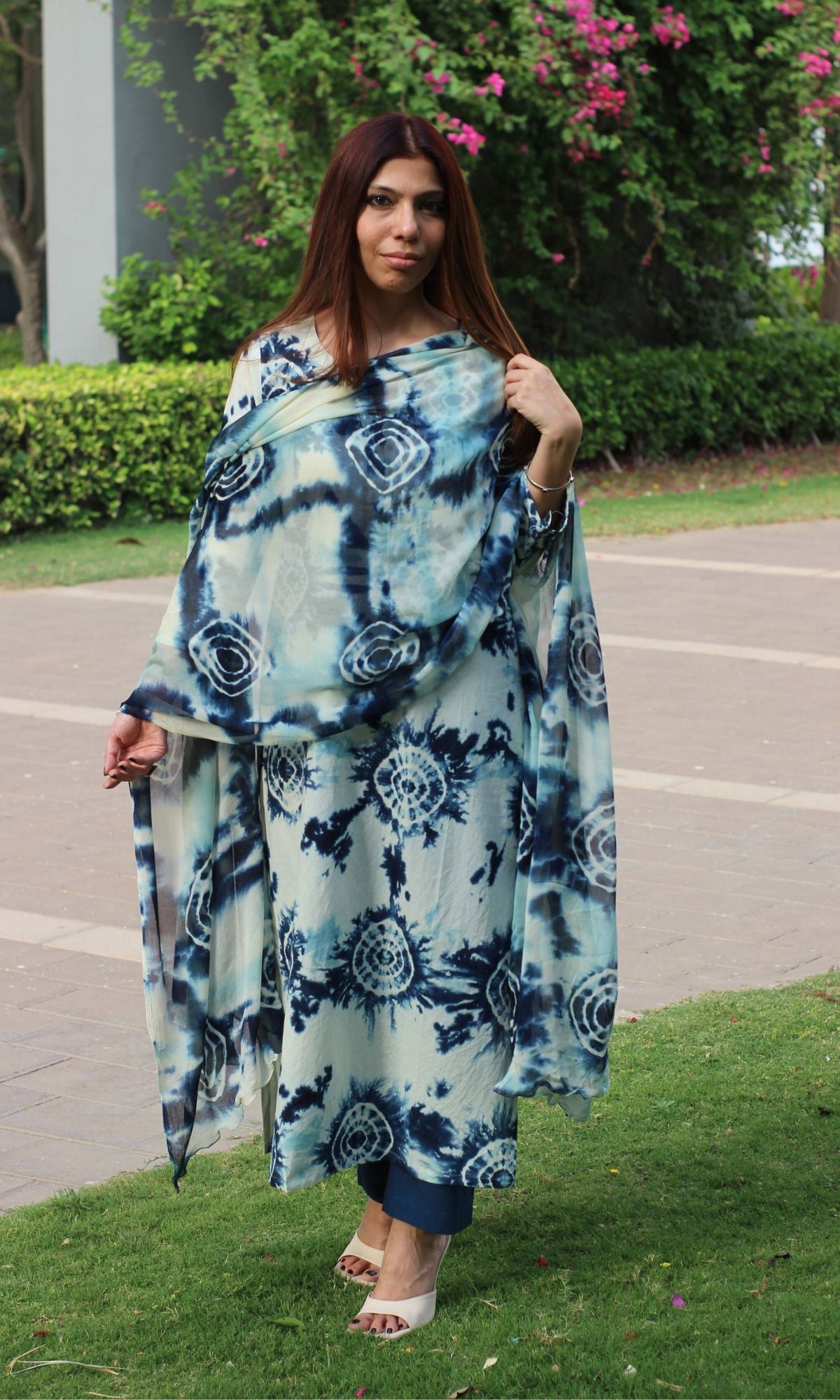 Cotton Blue Shibori Print Suit Set with Chiffon Dupatta - Baareeki