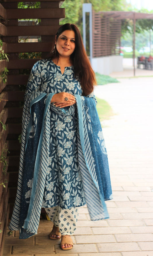 Cotton Blue & White Floral Print Suit with Afgani Pants & Cotton Dupatta - Baareeki