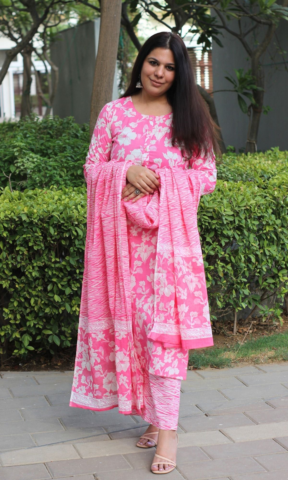 Cotton Blush Floral Print Suit Set with Printed Cotton Dupatta - Baareeki