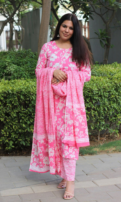 Cotton Blush Floral Print Suit Set with Printed Cotton Dupatta - Baareeki