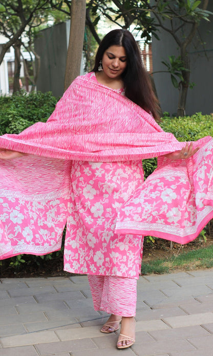 Cotton Blush Floral Print Suit Set with Printed Cotton Dupatta - Baareeki