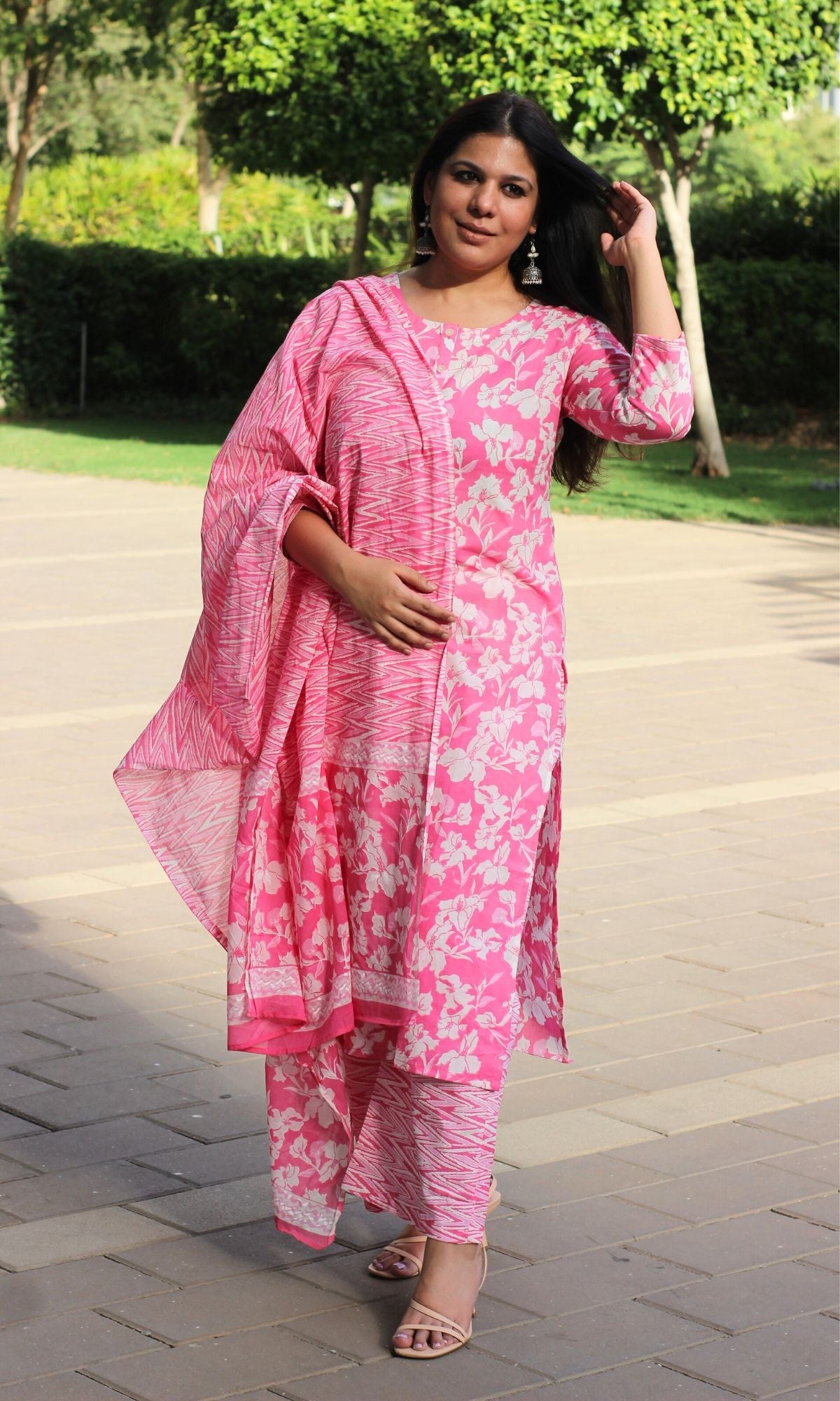 Cotton Blush Floral Print Suit Set with Printed Cotton Dupatta - Baareeki